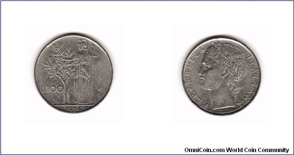 ITALY 1956 R 100 LIRE COIN
Obverse: Laureate head facing left.
Reverse: Minerva facing left with olive tree
Standard circulation coin 1955-1989
Stainless steel