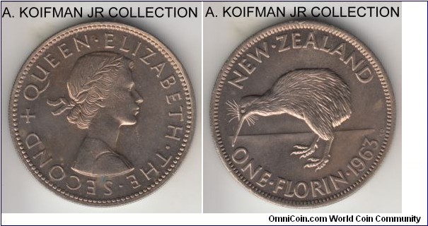 KM-28.2, 1963 New Zealand florin; copper-nickel, reeded edge; late Elizabeth II coinage, scarcer issue of juist 100,000 minted, this specimen is either proof or proof like struck with polished dies, few spots.