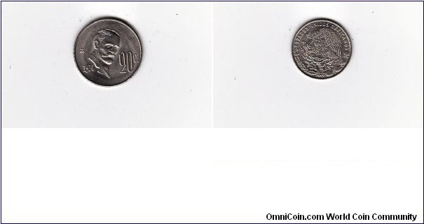 1974 MEXICO 20 CENTAVOS COIN
Obverse: 