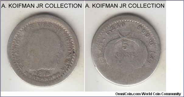 KM-174a.1, 1875 Colombia 5 centavos; silver, reeded edge; well worn, barely see the A in BOGOTA, small mintage of 77,000.