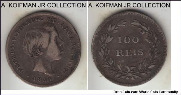 KM-490, 1854 Portugal 100 reis; silver, reeded edge; Pedro V, one year type, good fine.