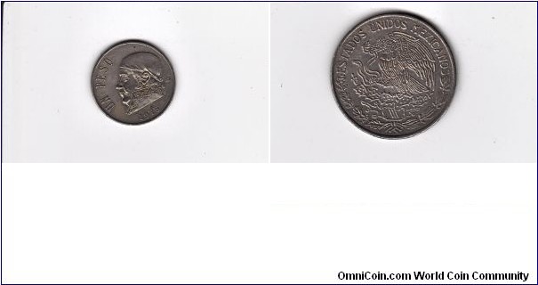 1975 MEXICO 1 PESO COIN
Obverse: National Arms (Eagle on cactus facing left with snake in beak above wreath), with the inscription forming a semicircle above it
Reverse: Value with portrait of José Maria Teclo Morelos y Pavón to the left
Standard circulation coin 1970-1983
Copper-nickel