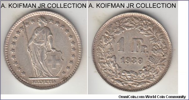 KM-24, 1939 Switzerland ranc, Bern mint (B mint mark); silver, reeded edge; good extra fine.