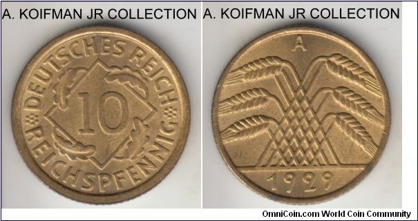 KM-40, 1929 Germany (Weimar Republic) 10 reichspfennig, Berlin mint (A mint mark); aluminum-bronze, reeded edge; common but nice bright uncirculated coin.