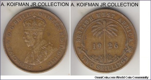 KM-13b, 1926 British West Africa shilling, Royal Mint (no mint mark); tin-brass, reeded edge; George V, scarcer early years of the type, very fine to good very fine.