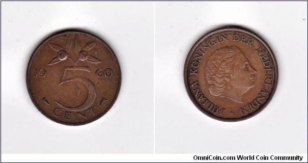 Netherlands 1960 5 Cent Coin - Juliana
Standard circulation coin 1950-1980
Bronze