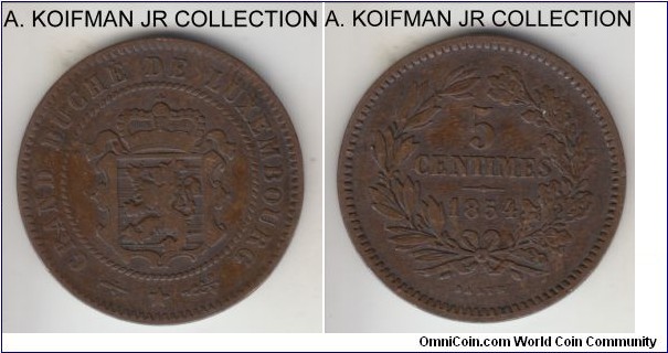 KM-22.1, 1854 Luxembourg 5 centimes, Utrecht mint; bronze, plain edge; William III, no dot, very fine or about.