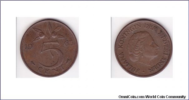 Netherlands 1963 5 Cent Coin
Standard circulation coin 1950-1980
Bronze