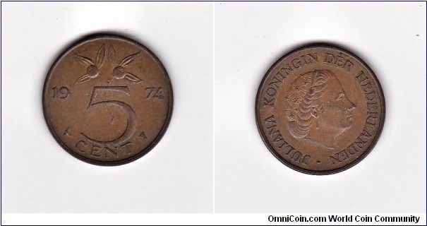 1974 Netherlands 5 Cent Juliana Coin
