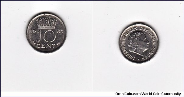 Netherlands 1963 10 Cents
Standard circulation coin 1950-1980
Nickel
Portrait of Queen Juliana facing right