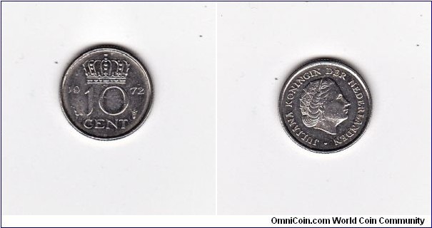 Netherlands 1972 10 Cents Coin
Standard circulation coin 1950-1980
Nickel
Portrait of Queen Juliana facing right