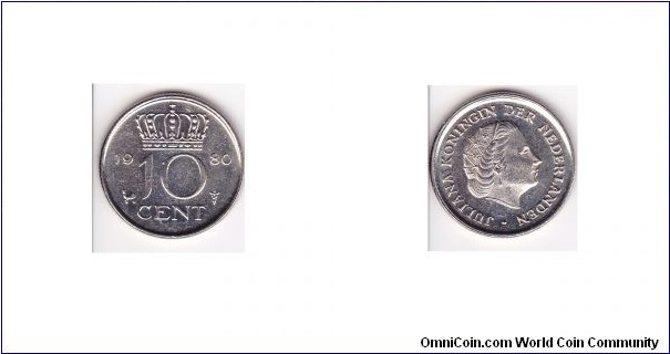 NETHERLANDS JULIANA 10 CENTS COIN 1980
Standard circulation coin 1950-1980
Nickel
Portrait of Queen Juliana facing right