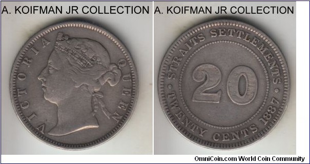 KM-12, 1887 Straits Settlements 20 cents, Royal Mint (no mint mark); silver, reeded edge;  Victoria, good fine details, looks that it was wiped in the past.