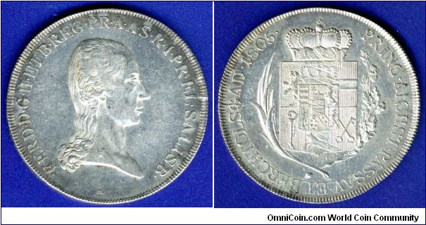 Thaler.
Duchy of Salzburg.
Ferdinand III (Italian: Ferdinando III d'Asburgo-Lorena; May 6, 1769, Florence - June 18, 1824, Florence) - Grand Duke of Tuscany in 1790-1801 and 1814-1824, Kurfürst and Grand Duke of Salzburg in 1803-1806, Grand Duke of Wurzburg in 1806-1814.
*M* - Franz Xavier Matzenkopf, Jr., 1755-1805.


Ag833f. 28,06gr.