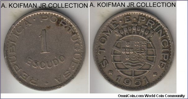 KM-11, 1951 St. Thomas and Principe (Portuguese colony) escudo; copper-nickel, plain edge; scarce with mintage of 18,000, very fine details or better, likely cleaned.