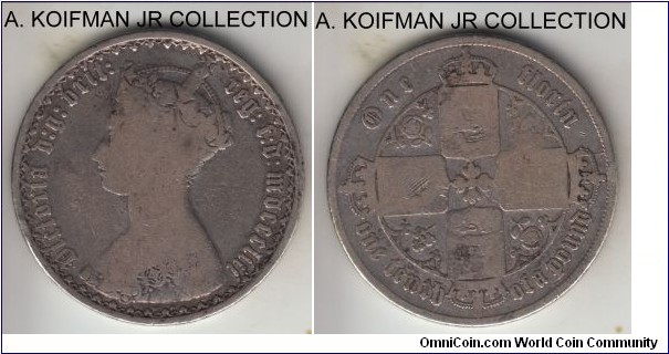 KM-746.1, 1853 Great Britain florin; silver, reeded edge; Victoria, well circulated.
