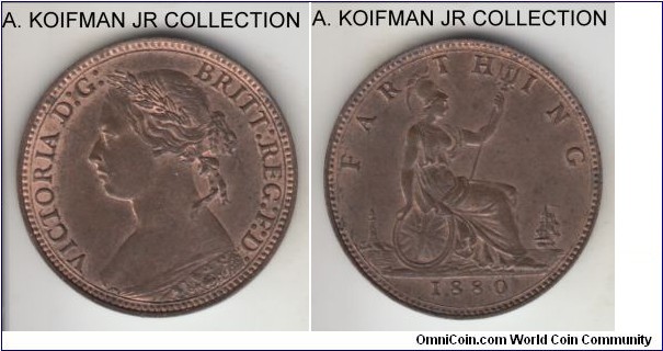 KM-753, 1880 Great Britain farthing; bronze, plain edge; Victoria, 4 berries variety, 5-D variety, nice red brown uncirculated.