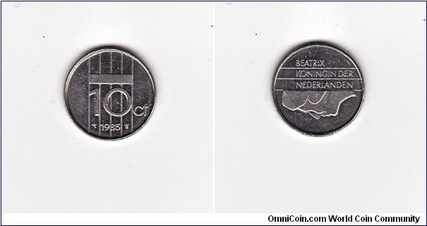 NETHERLANDS 1985 10 CENT BEATRIX COIN
Anvil variety
Standard circulation coin 1982-2001