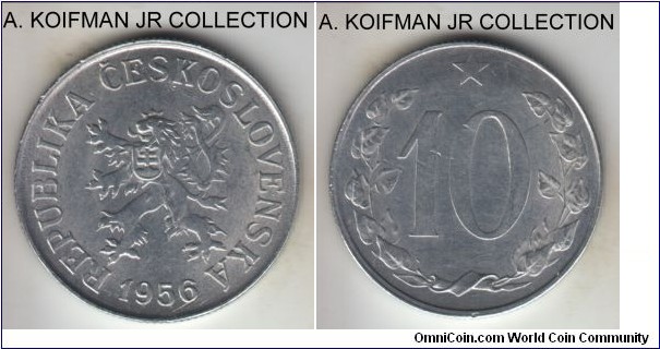 KM-3, 1956 Czechoslovakia 10 haleru; aluminum, reeded edge; early Communist state coinage, average uncirculated.