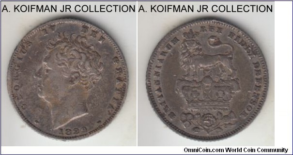 KM-698, 1829 Great Britain 6 pence; silver, reeded edge; George IV, about very fine, dark toned.