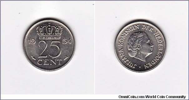 Netherlands 1954 25 Cent Coin Fish Variety
Juliana
Standard circulation coin 1950-1980