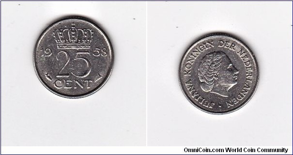 1958 Netherlands Fish Variety 25 Cent Coin
Juliana
Standard circulation coin 1950-1980