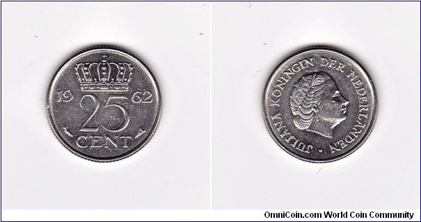 Netherlands Holland 1962 25 Cent Coin
25 Cents - Juliana Fish Variety
Standard circulation coin 1950-1980