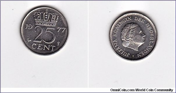 Netherlands 1977 Rooster Variety 25 cent Coin