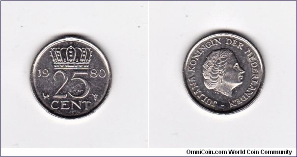 Netherlands 1980 Juliana Era 25 cent Coin