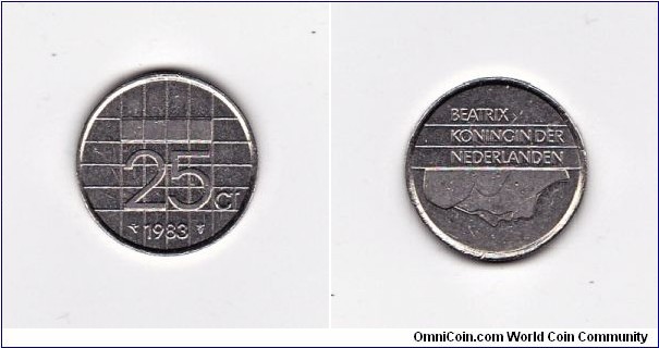Netherlands 1983 Beatrix 25 Cent Coin
Standard circulation coin 1982-2001
Anvil Variety