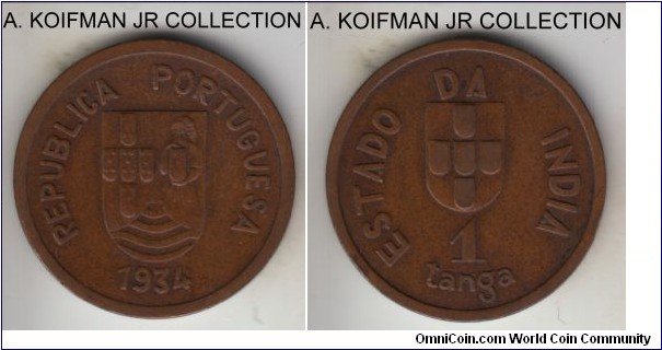 KM-19, 1934 Portuguese India tanga; bronze, plain edge; scarce colonial issue, mintage 100,000, very fine.