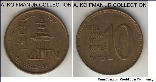 KM-6a, 1970 South Korea 10 won; brass, plain edge; first and somewhat scarcer year of the type, extra fine or about.