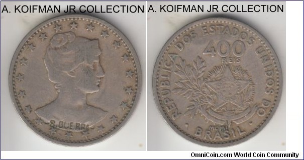 KM-505, 1901 Brazil 400 reis; copper-nickel, plain edge; date in Roman numerals on obverse, one year type, counterstamped S. GUERRA on obverse, circulated.