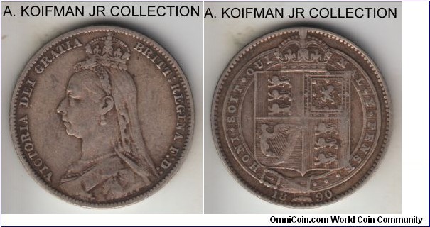 KM-774, 1890 Great Britain shilling; silver, reeded edge; late Victoria, good fine to about very fine.