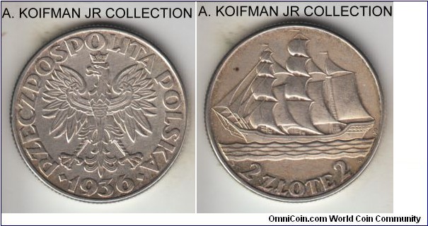 Y#30, 1936 Poland 2 zlote, no mint mark; silver, reeded edge; Gdynia seaport circulation commemorative, one year type, about uncirculated, reverse lightly cleaned.