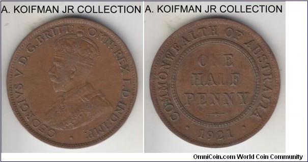 KM-22, 1921 Australia half penny, Sydney mint (no mint mark); bronze, plain edge; George V, about very fine, reverse seems to be weaker strike - I do not think that the N can be worn so deep without similar affect on the rest of the devices.