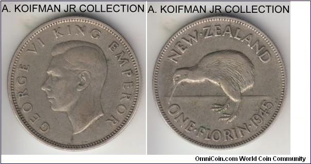 KM-10.1, 1945 New Zealand florin; silver, reeded edge; George VI, no scarce but smaller mintage year, very fine or so.