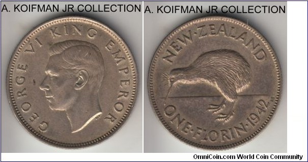 KM-10.1, 1942 New Zealand florin; silver, reeded edge; George VI, key year of the type with small mintage of 150,000, extra fine or so.