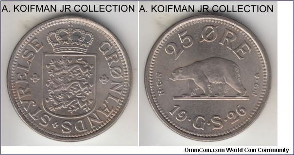 KM-5, 1926 Greenland 25 ore; copper-nickel, plain edge; Danish possession, average uncirculated with some minor reverse toning.