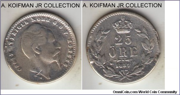 KM-684, 1857 Sweden 25 ore; silver, reeded edge; Oscar I, 7 over 6 variety, scarcer year but poor condition cleaned and some edge damage.