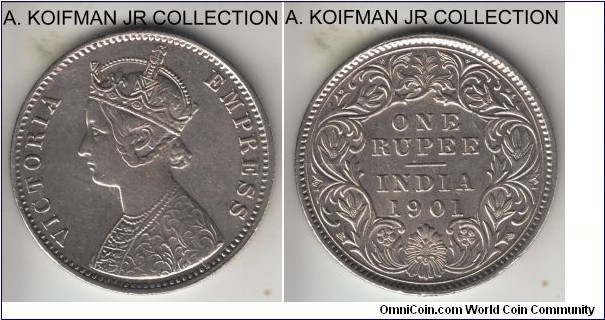 KM-492, 1901 British India rupee, Calcutta mint (C mint mark); silver, reeded edge; last Victoria coinage, extra fine details, cleaned.