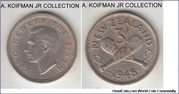 KM-15, 1948 New Zealand 3 pence; copper-nickel, plain edge; George VI, decent extra fine or so.