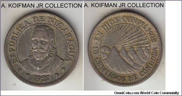 KM-13, 1927 Nicaragua 10 centavos; silver, reeded edge; earlier year, good very fine or so.