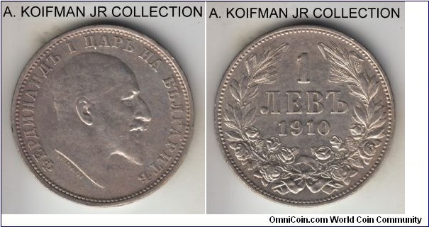 KM-28, 1910 Bulgaria lev; silver, lettered edge; Ferdinand I, lightly toned extra fine or better.