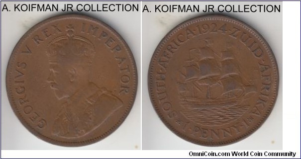 KM-14.1, 1924 South Africa penny; bronze, plain edge; George V first type, small mintage of 134,487, in fine or to good fine condition.