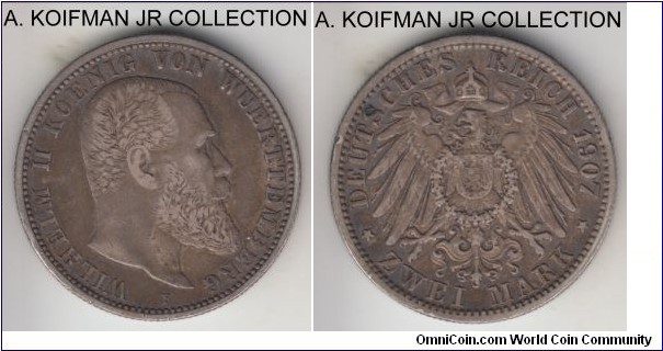 KM-631, 1907 German States Wurttemberg 2 marks, Stuttgart mint (F mint mark); silver, reeded edge; Wilhelm II, very fine to good very fine, few tiny edge nicks.