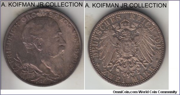 KM-271, 1902 German States Baden 2 marks; silver, reeded edge; Friedrich I, 50 years of reign, toned uncirculated.