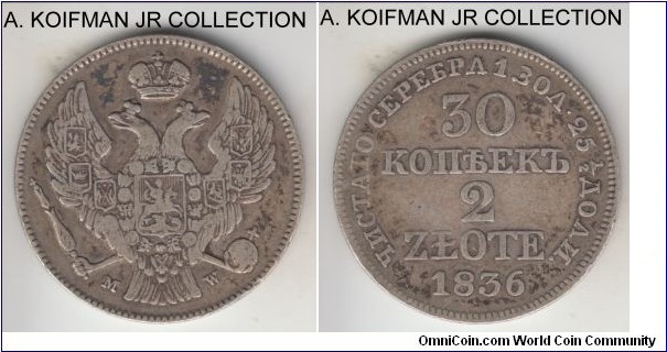 C#132, 1836 Poland (Kingdom of, Russian Empire) 2 zlote; silver, slant reeded; Nicolas I rule, Kingdom of Poland under Russia, uncommon coin, very fine or about.