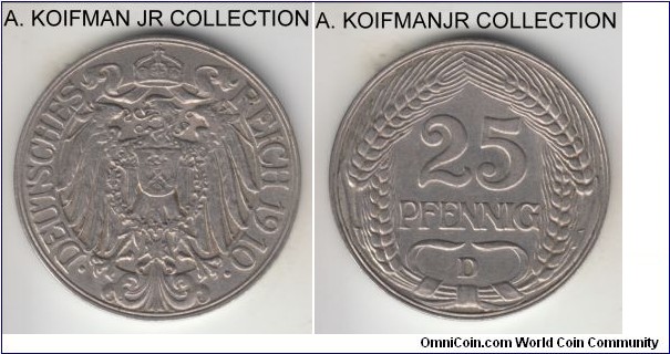 KM-18, 1910 Germany (Empire) 25 pfennig, Munich mint (D mint mark); nickel, plain edge; short type, extra fine or about.