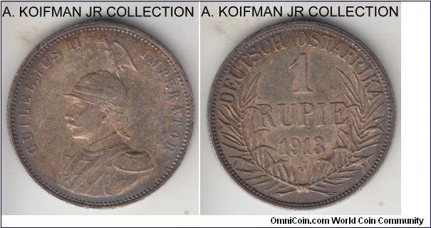 KM-10, 1913 German East Africa rupie, Hamburg mint (J mint mark); silver, reeded edge; Wilhelm II, darker toned good very fine to extra fine.